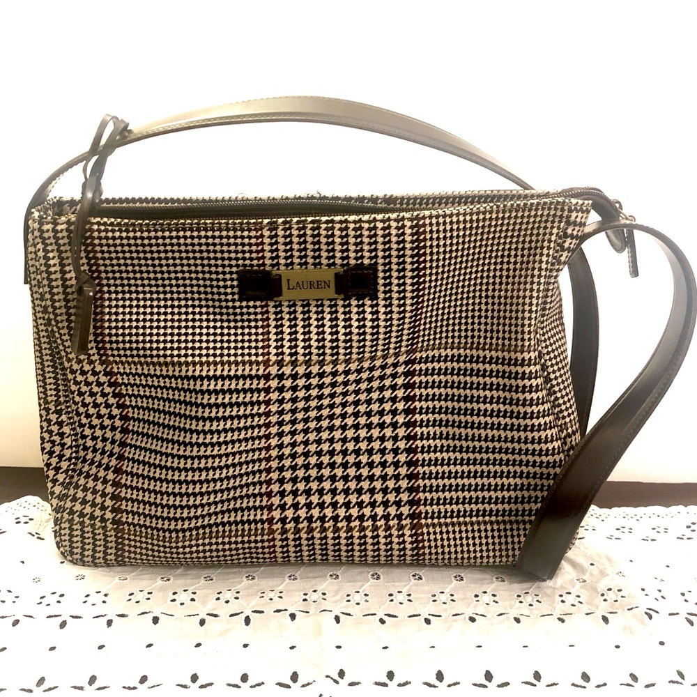 Lauren Ralph Lauren Brown Houndstooth Chevron Shoulder Strap Hand Bag